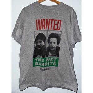 Home Alone Shirt Mens Large Gray Wet Bandits Wanted Mugshot Movie Graphic Tee